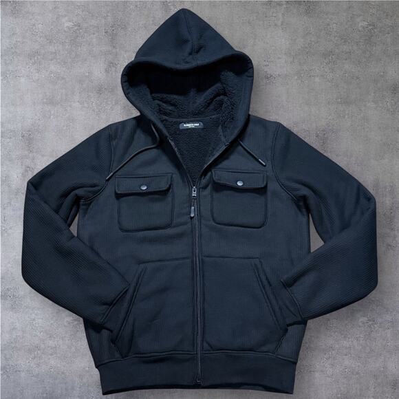 KENNETH COLE Black Full Zip Sherpa Lined Waffle Knit Chunky Hoodie Men’s S - Picture 1 of 10